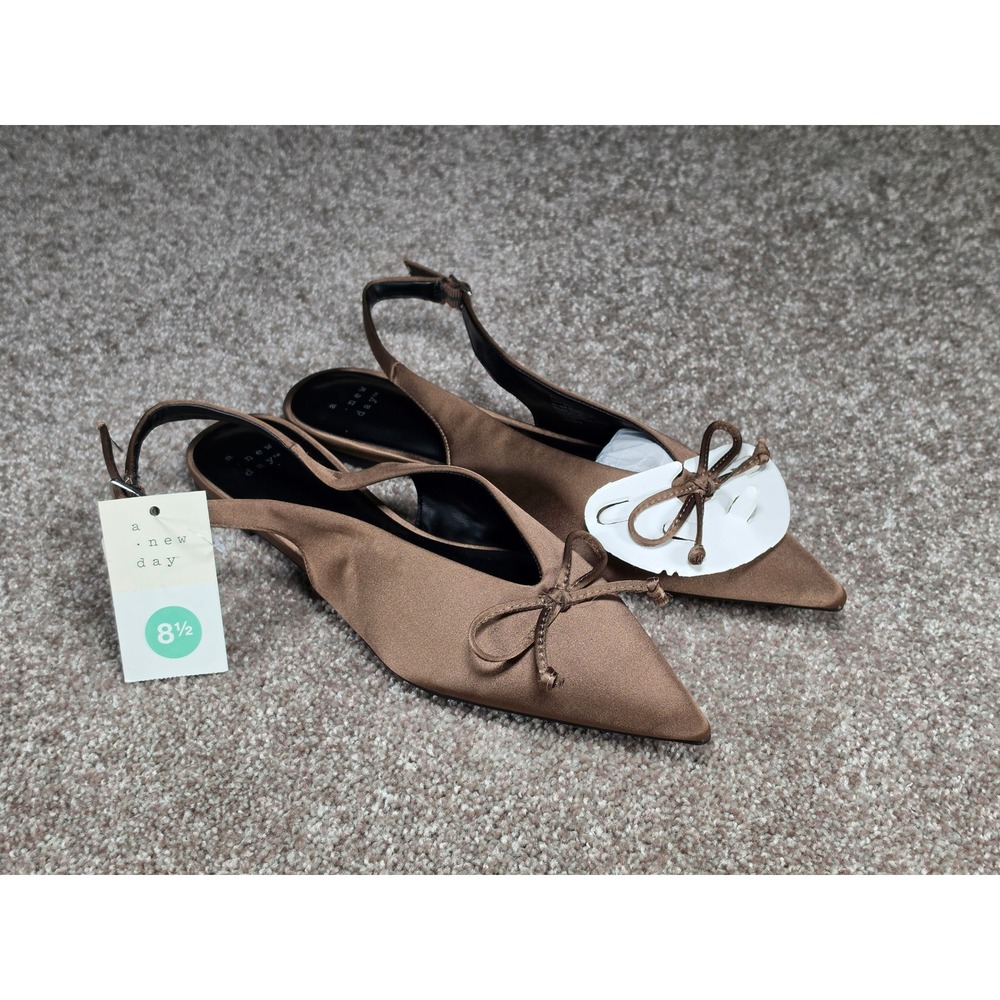 A New Day Camille Taupe Satin Pointed Toe Slingback Bow Flats 8.5